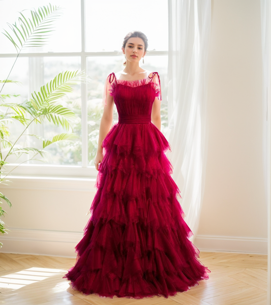 Spaghetti-straps Pleated bodice Ruffle Layered tutu soft tulle prom dress