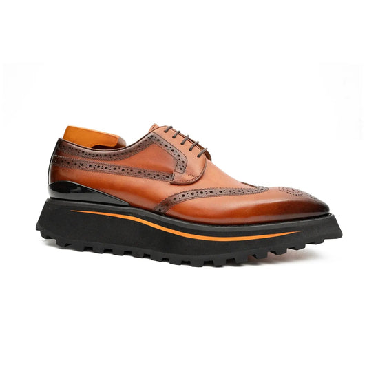 Thick-soled calfskin formal brogue derby shoes Brown