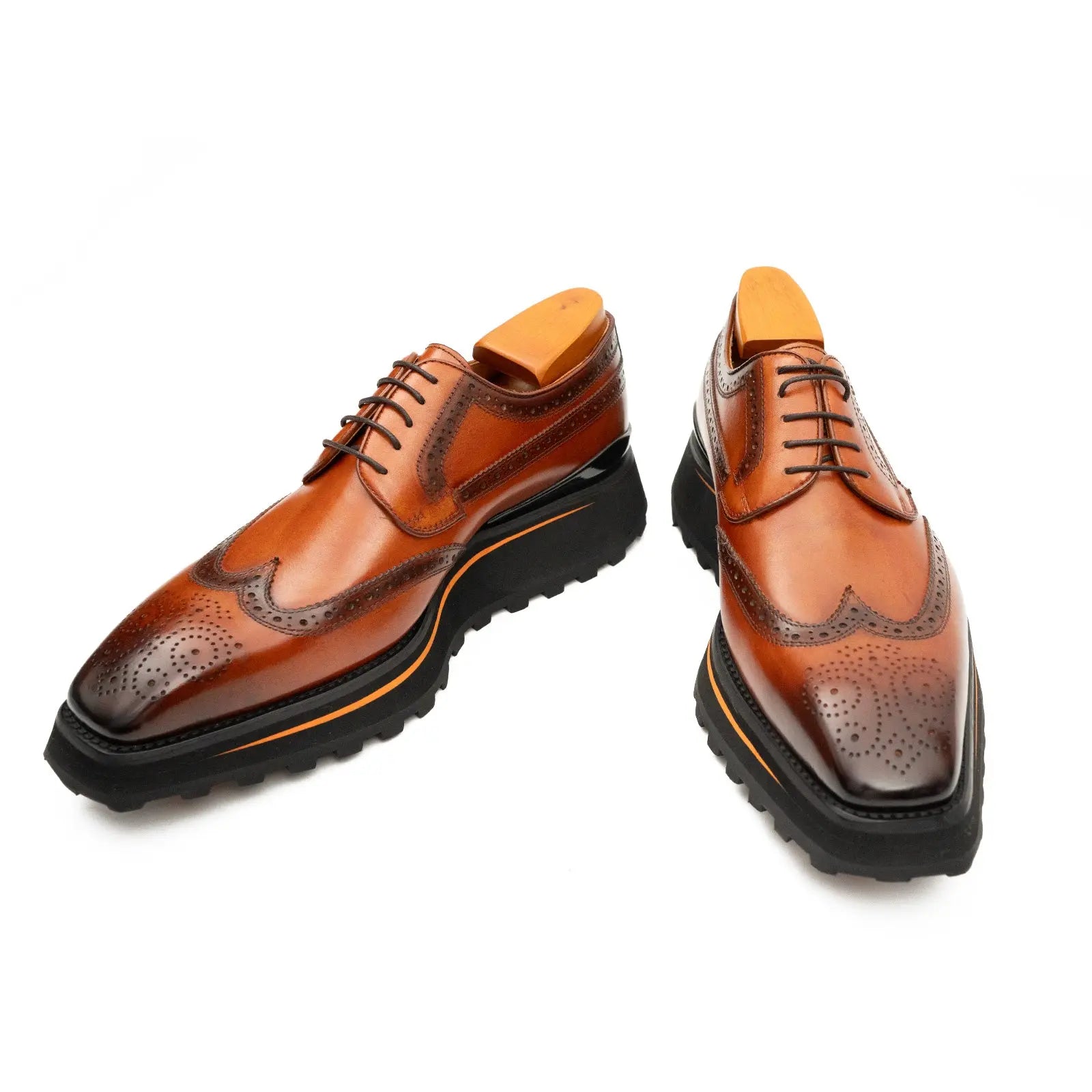 Thick-soled calfskin formal brogue derby shoes Brown