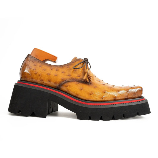 Thick-soled ochre ostrich leather Derby shoes