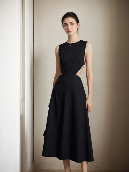 Timeless Elegance Backless Satin Midi Dress with Intricate Cutout