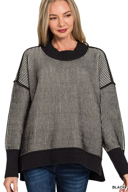 Zenana Exposed Seam Two Tone Ribbed Sweater in Black