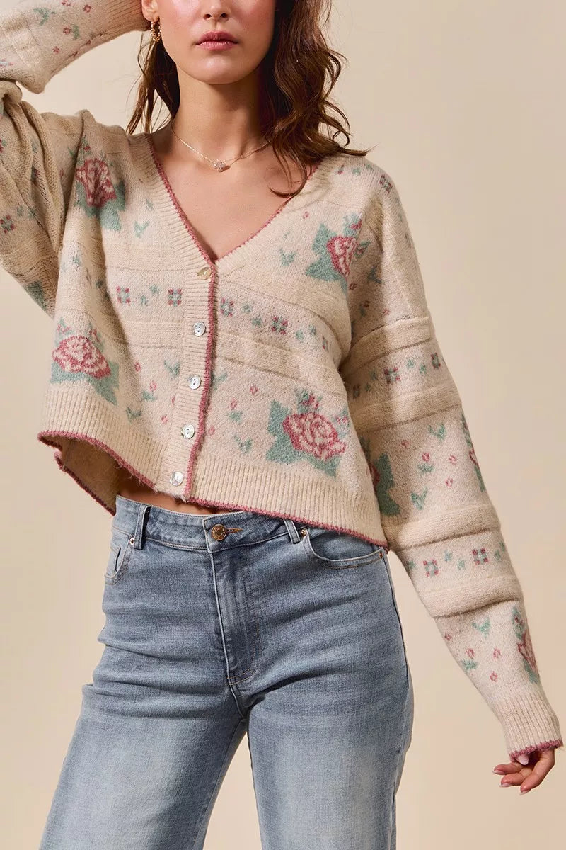SO ME Floral Pattern Long Sleeve Button Sweater Cardigan in Beige