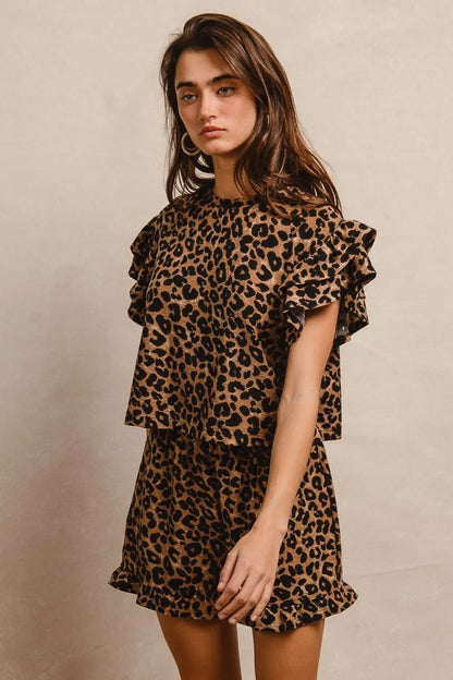 BiBi Leopard Print Waffle Texture Layered Ruffle Sleeve Top and Shorts Set