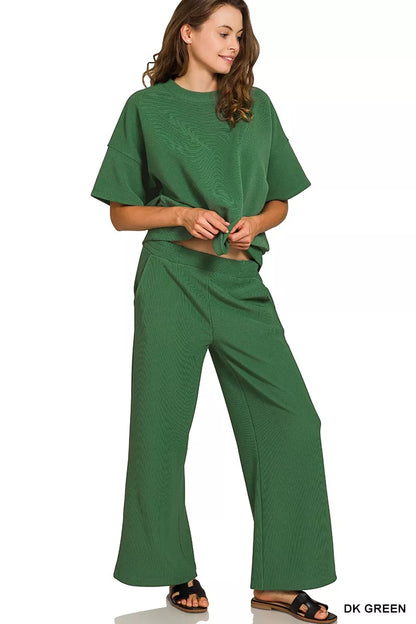 Zenana Ribbed Round Neck Tee & Pants Set in Green