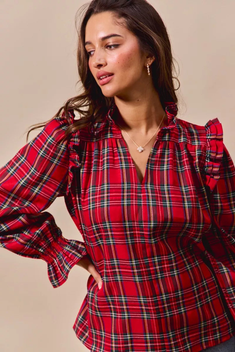 SO ME Christmas Checkered Plaid Smocked Blouse