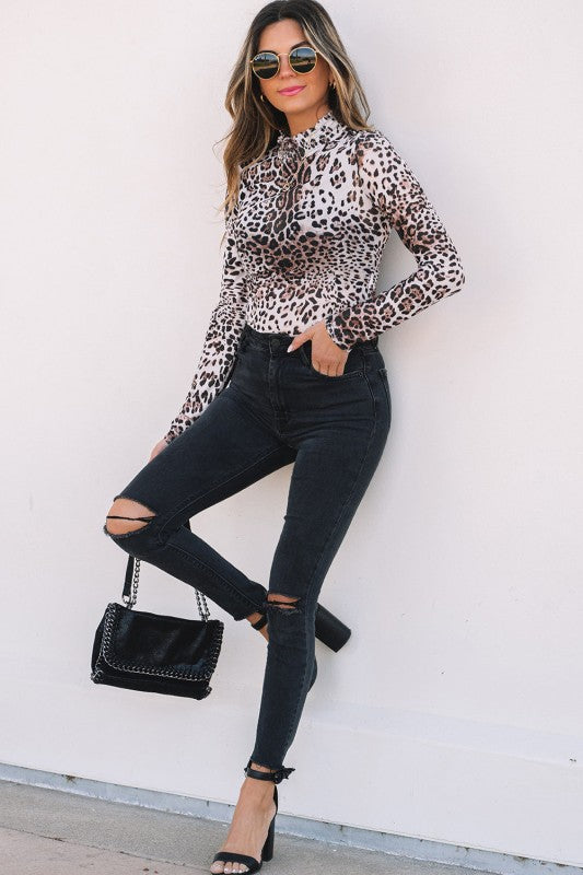 Leopard Mesh Smocked Neck Long Sleeve Bodysuit