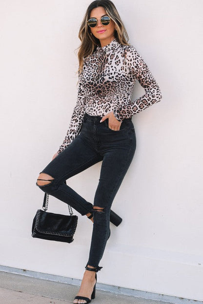 Leopard Mesh Smocked Neck Long Sleeve Bodysuit