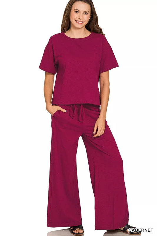 Zenana Cotton Slub Short Sleeve Tee and Pants Set in Cabernet