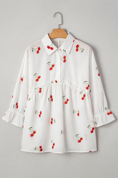 Cherry Frilled Collar 3/4 Sleeve Babydoll Blouse