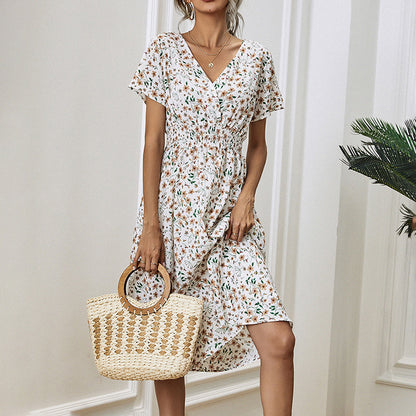 Women's V-Neck Floral Print Dress - A-Line Waisted Summer Maxi Dress