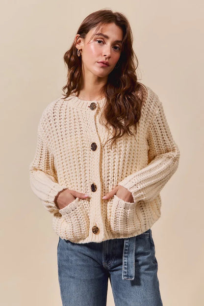 SO ME Metal Button Long Sleeve Chunky Sweater Cardigan