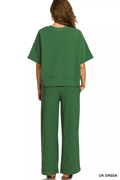Zenana Ribbed Round Neck Tee & Pants Set in Green