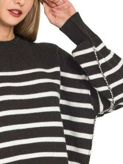 Zenana Exposed Seam Striped Oversized Sweater in Black