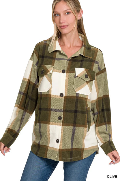 Zenana Oversized Plaid Fleece Shacket in Olive