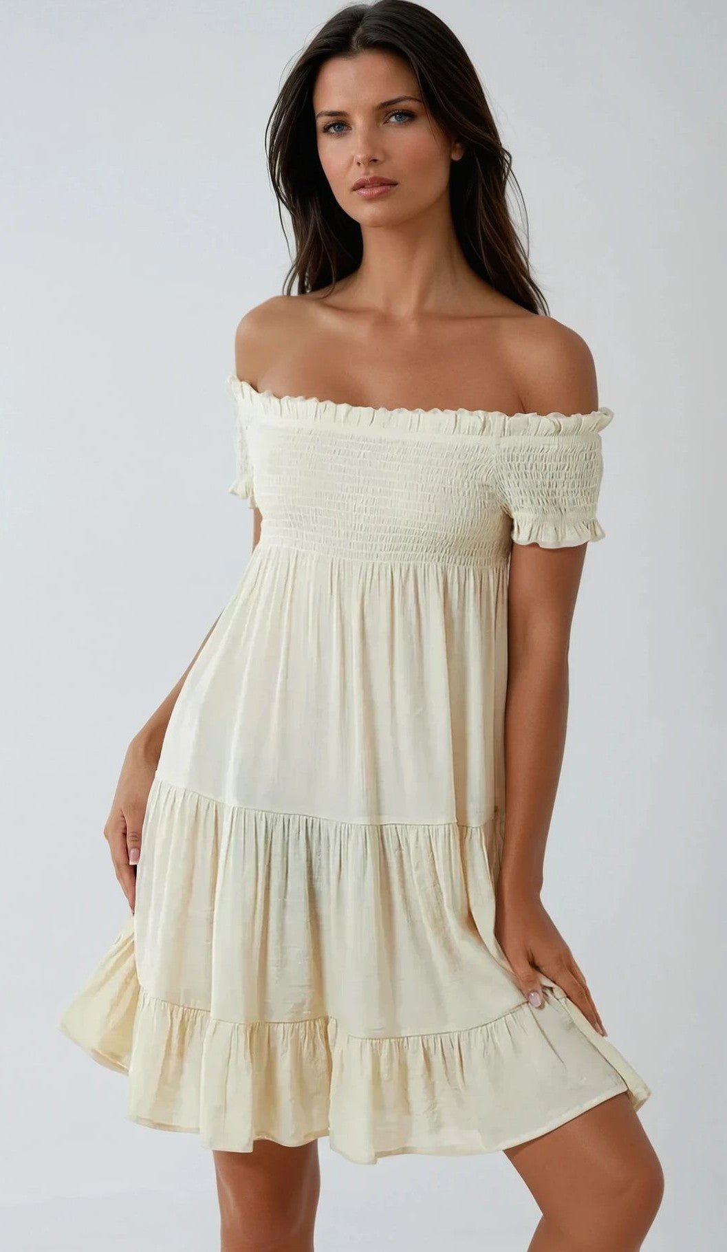 Beige Bardot Shirred Mini Dress - Lolomo!