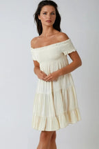 Beige Bardot Shirred Mini Dress - Lolomo!