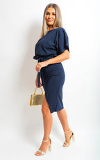 Belted Wrap Front Kimono Sleeve Midi Dress - Lolomo!