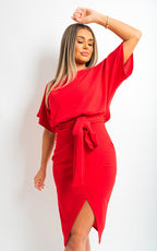 Belted Wrap Front Kimono Sleeve Midi Dress - Lolomo!