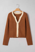 Contrast Trim Buttoned V-Neck Cropped Cardigan