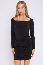 Black Diamante Ruched Mini Dress with Long Sleeves - Lolomo!