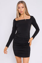Black Diamante Ruched Mini Dress with Long Sleeves - Lolomo!