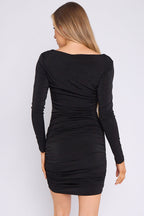 Black Diamante Ruched Mini Dress with Long Sleeves - Lolomo!