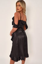 Black Off Shoulder Satin Midi Dress - Lolomo!
