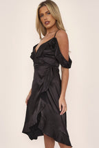 Black Off Shoulder Satin Midi Dress - Lolomo!