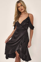 Black Off Shoulder Satin Midi Dress - Lolomo!