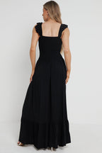 Black Shirred Maxi Dress With Frill - Lolomo!