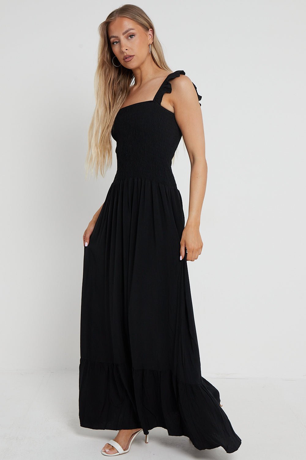 Black Shirred Maxi Dress With Frill - Lolomo!