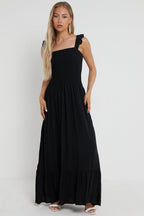 Black Shirred Maxi Dress With Frill - Lolomo!