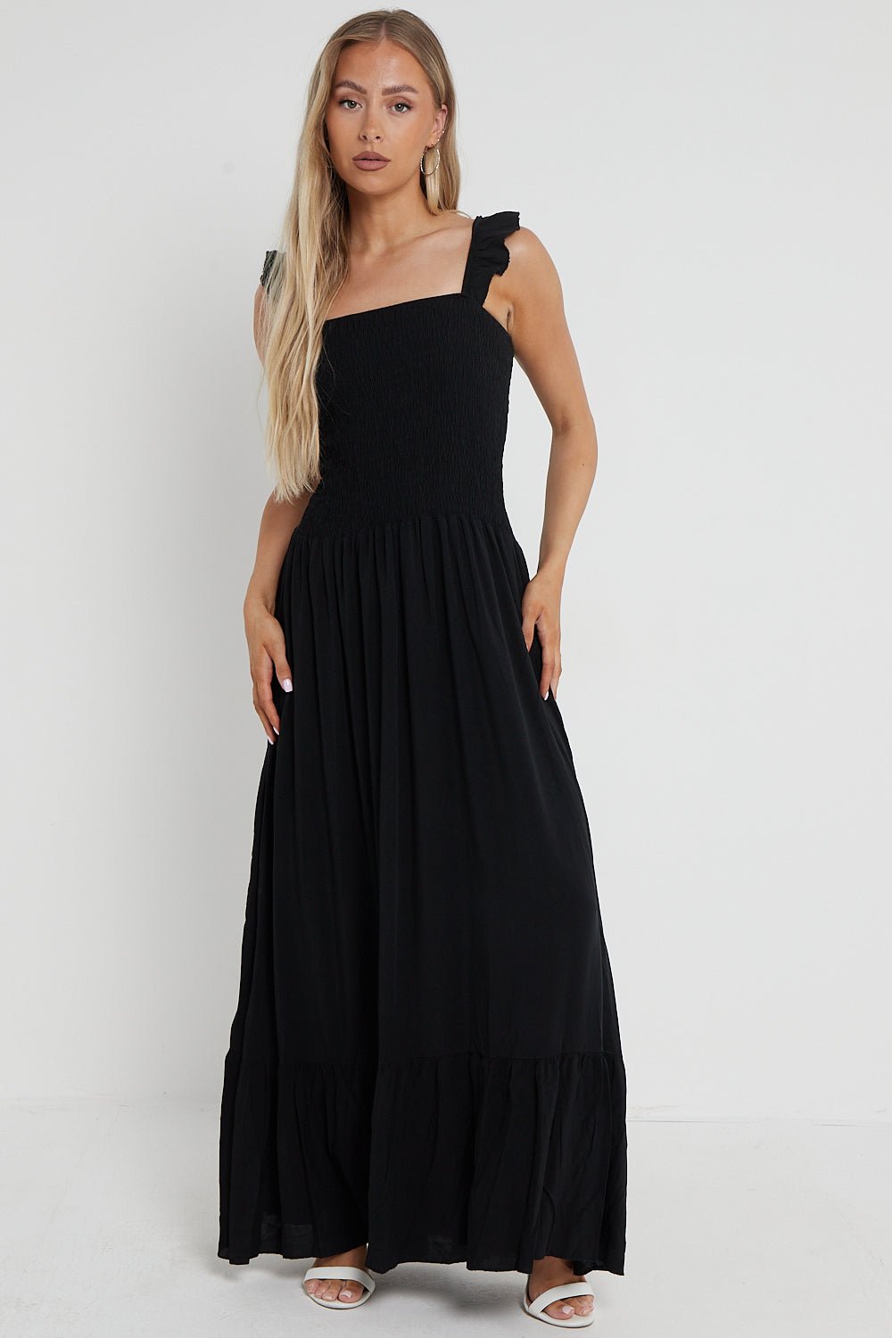Black Shirred Maxi Dress With Frill - Lolomo!