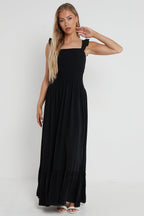 Black Shirred Maxi Dress With Frill - Lolomo!