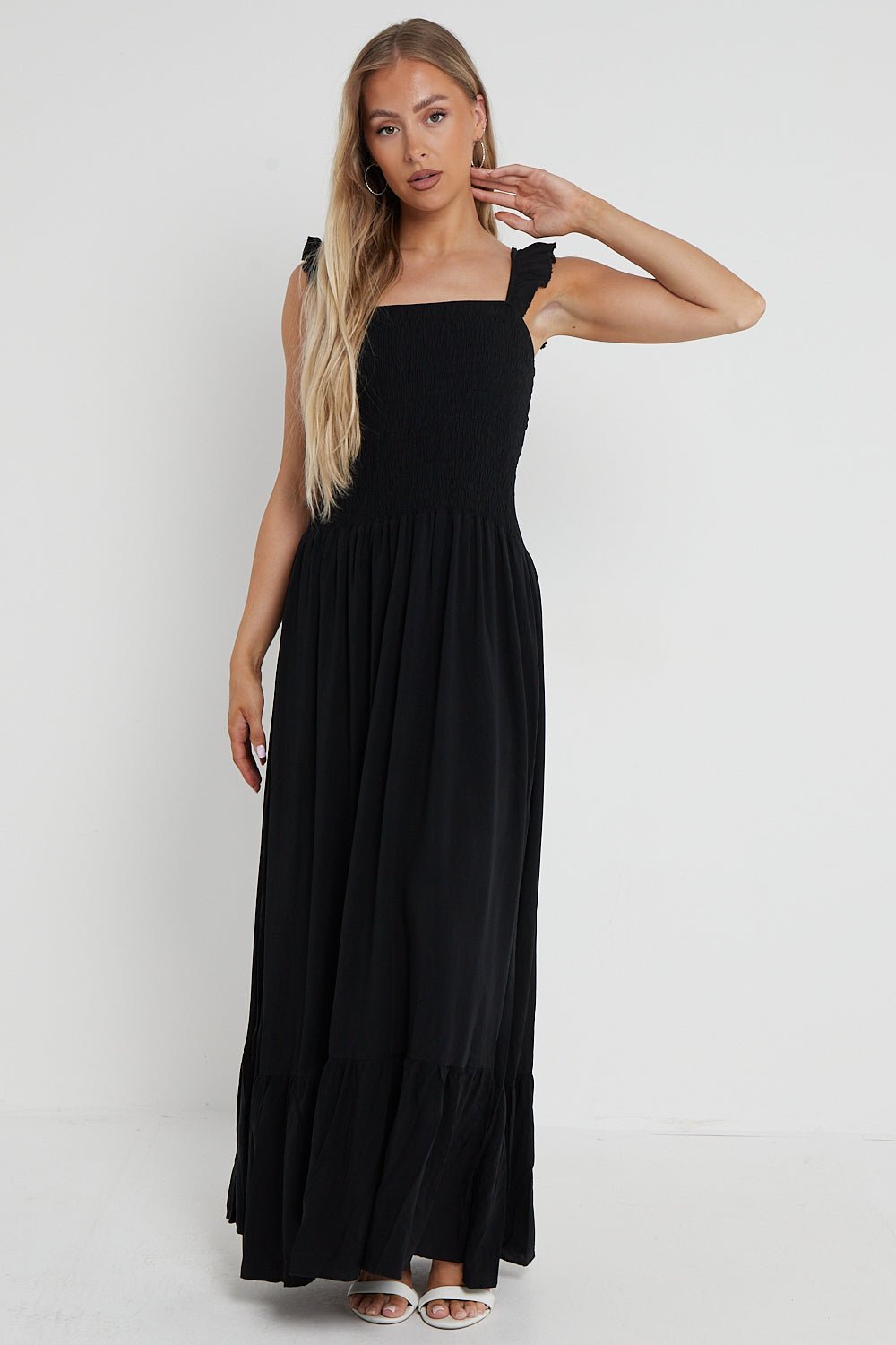 Black Shirred Maxi Dress With Frill - Lolomo!