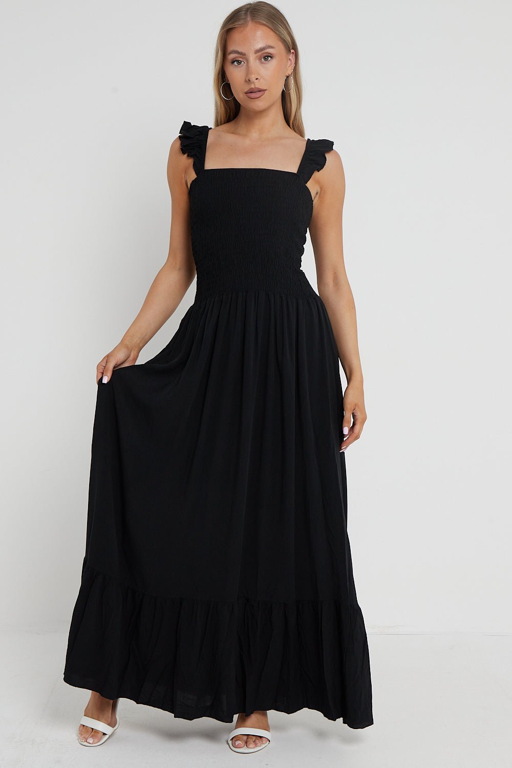 Black Shirred Maxi Dress With Frill - Lolomo!