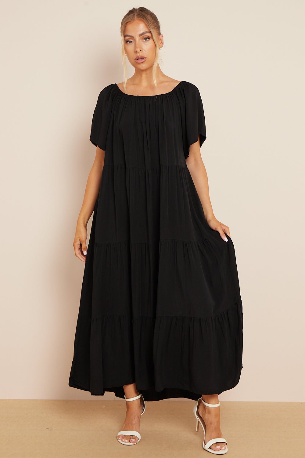 Black Tiered Off Shoulder Maxi Dress - Lolomo!