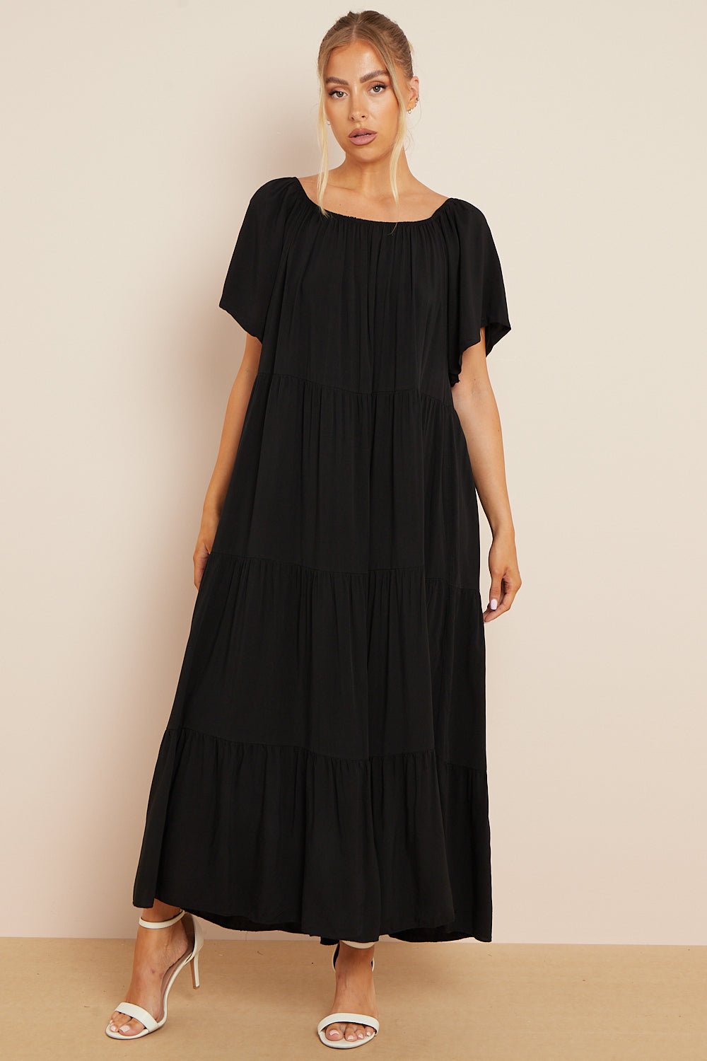 Black Tiered Off Shoulder Maxi Dress - Lolomo!