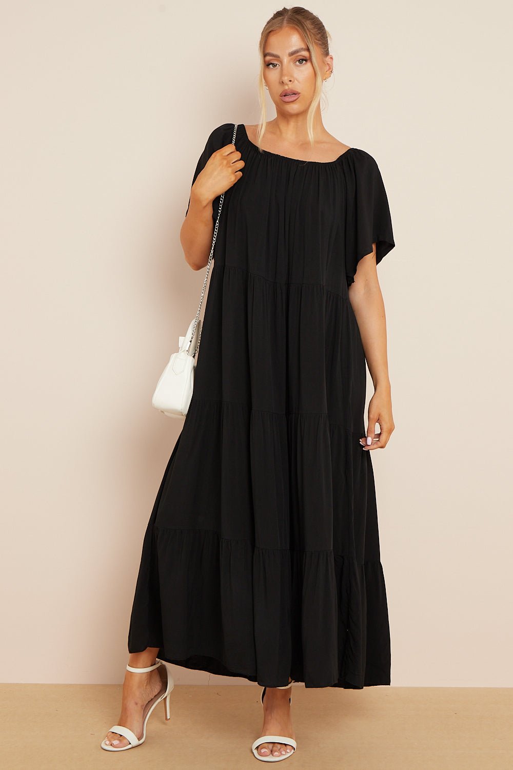 Black Tiered Off Shoulder Maxi Dress - Lolomo!