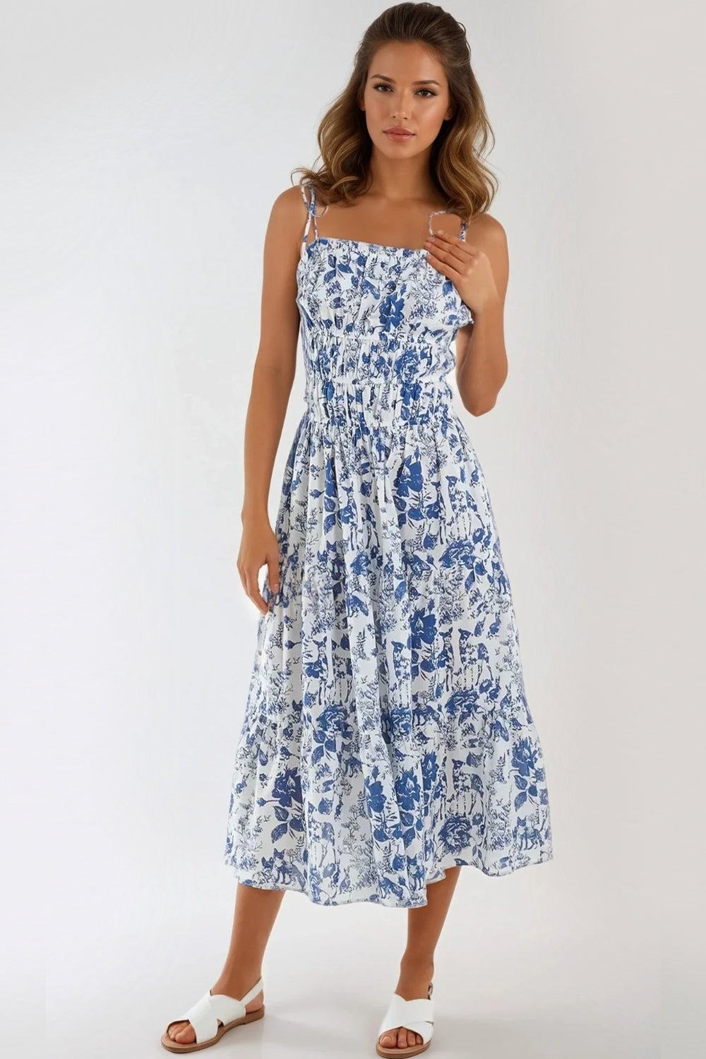 Blue Floral Print Cami Midi Dress - Lolomo!