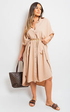 Button Down Collared Midi Dress with Two Front Pockets - Lolomo!