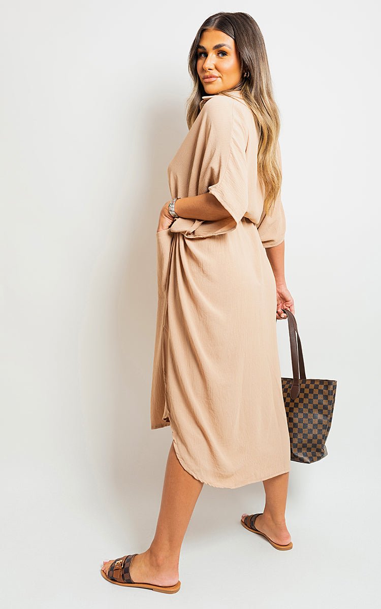 Button Down Collared Midi Dress with Two Front Pockets - Lolomo!