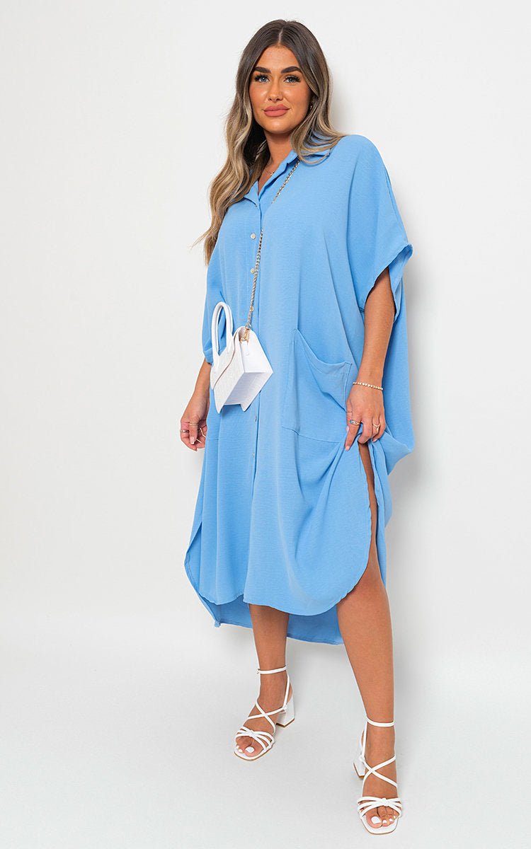 Button Down Collared Midi Dress with Two Front Pockets - Lolomo!