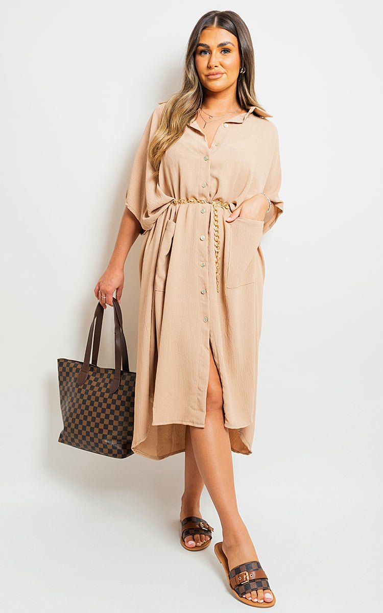 Button Down Collared Midi Dress with Two Front Pockets - Lolomo!