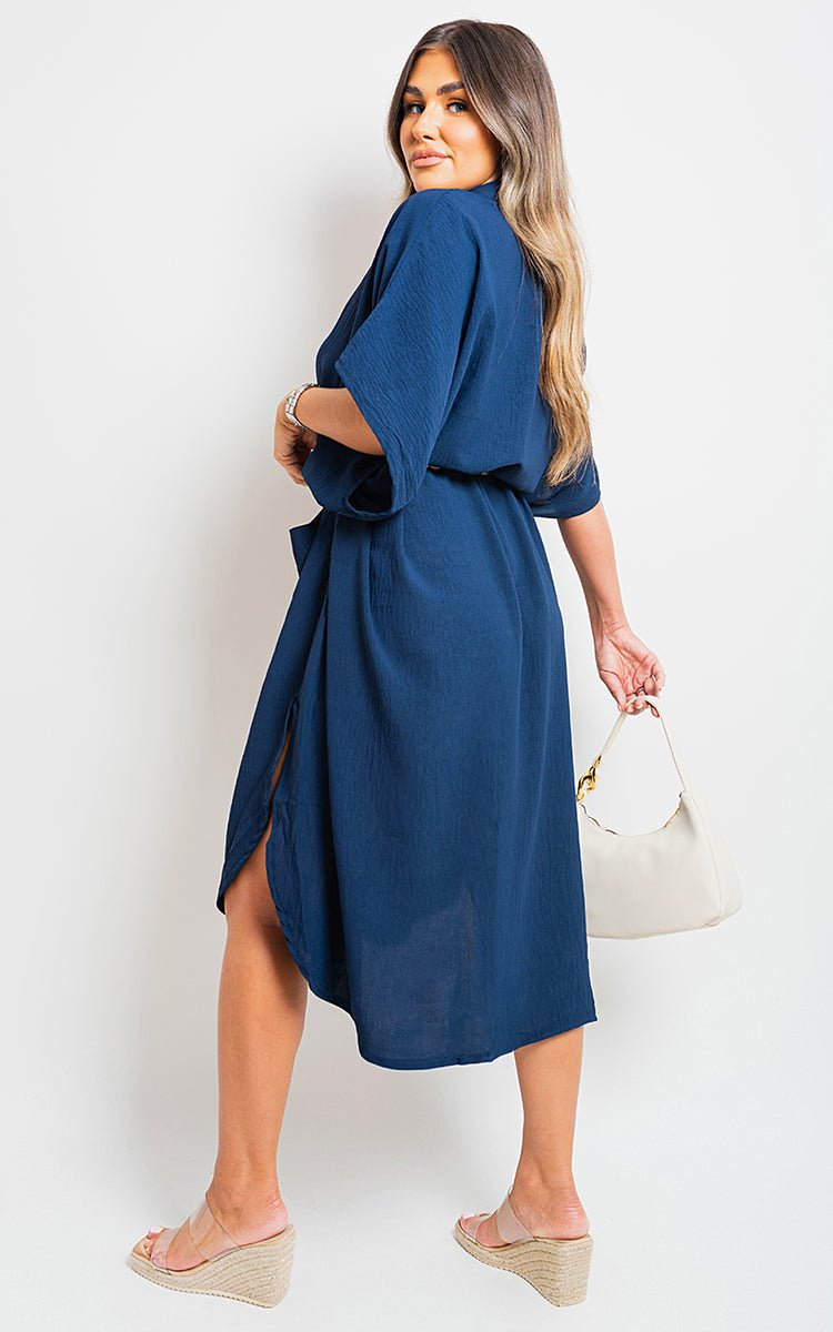Button Down Collared Midi Dress with Two Front Pockets - Lolomo!