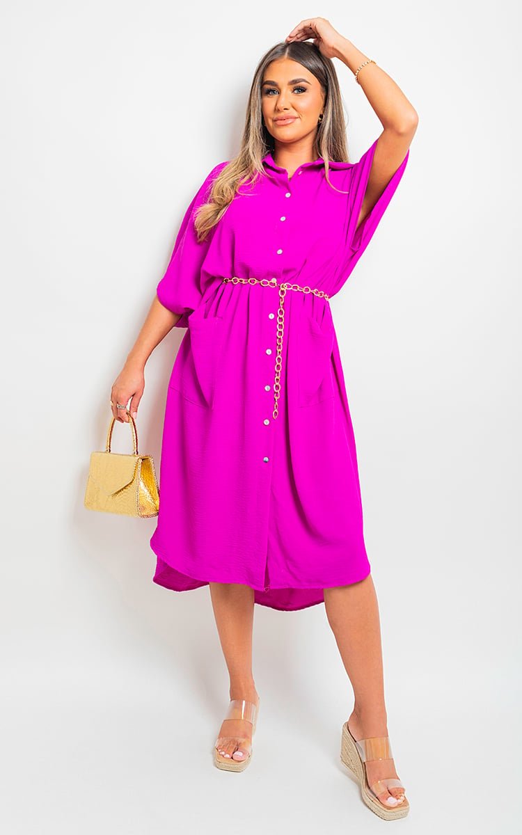Button Down Collared Midi Dress with Two Front Pockets - Lolomo!