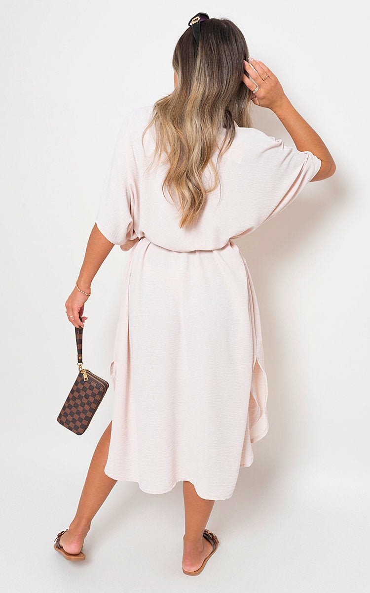 Button Down Collared Midi Dress with Two Front Pockets - Lolomo!
