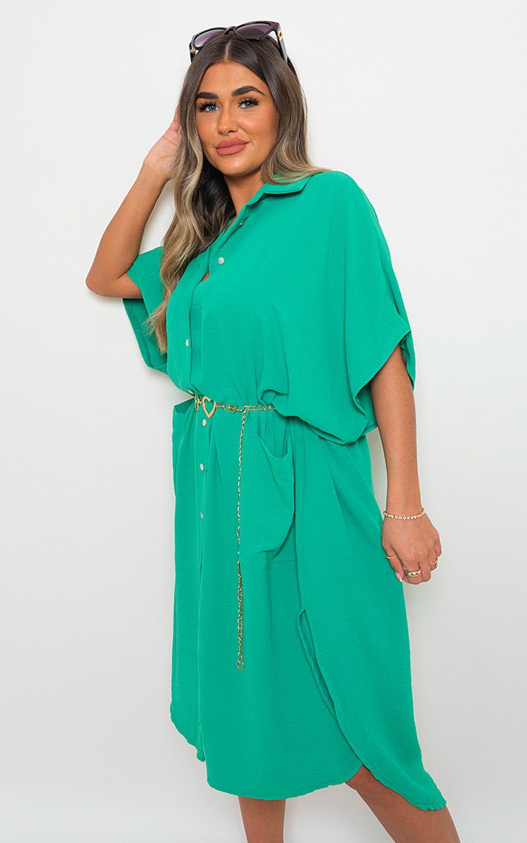 Button Down Collared Midi Dress with Two Front Pockets - Lolomo!