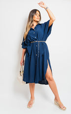 Button Down Collared Midi Dress with Two Front Pockets - Lolomo!